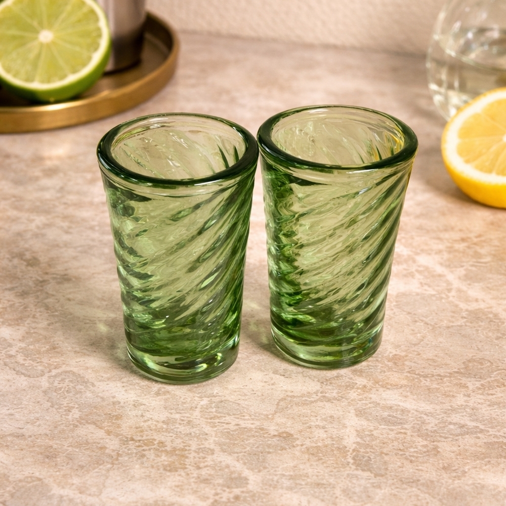 Vintage Hand Blown Green Swirl Shot Glasses Set of 2 Cordial Glass